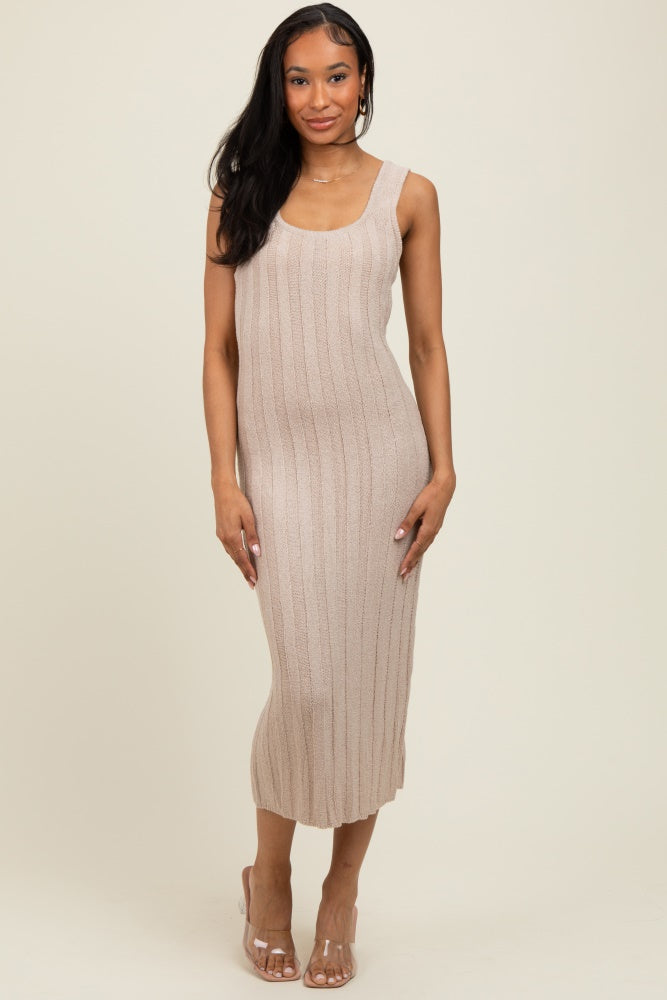 Beige Wide Ribbed Sweater Knit Maternity Midi Dress