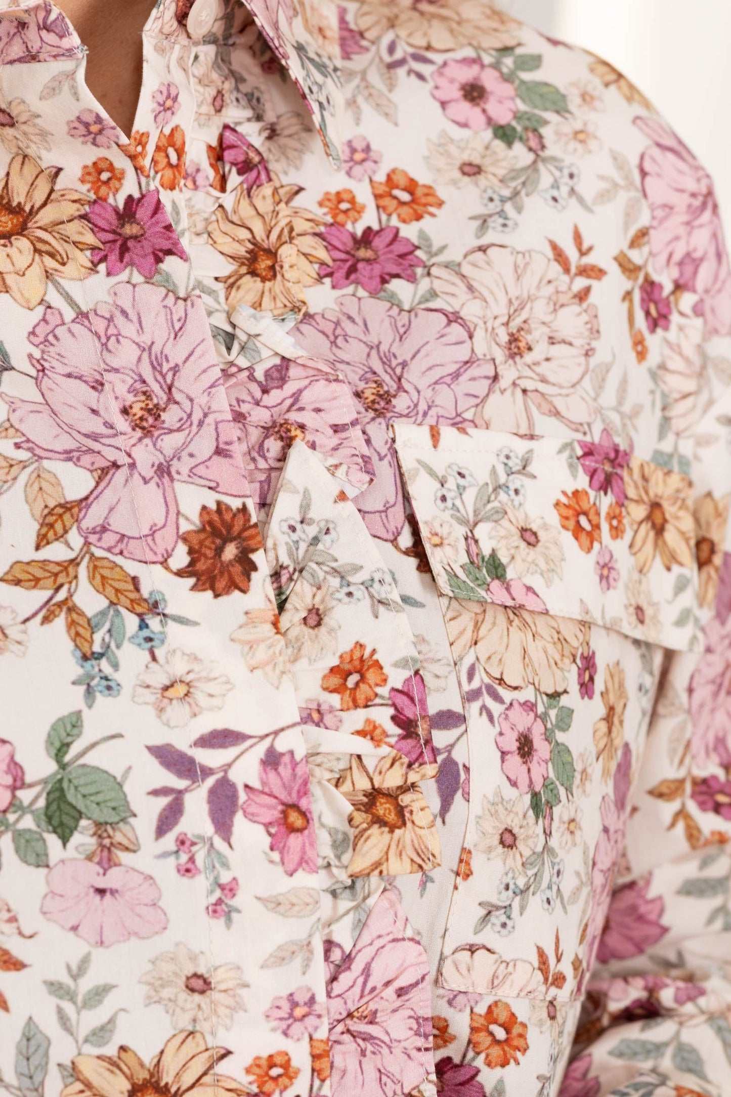 Beige Floral Ruffled Hidden Buttons Woven Top