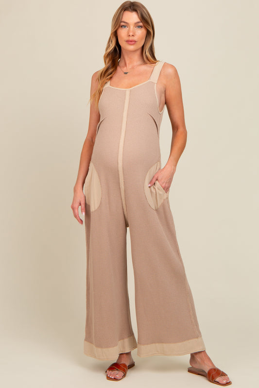 Beige Waffle Knit Wide Leg Maternity Jumpsuit