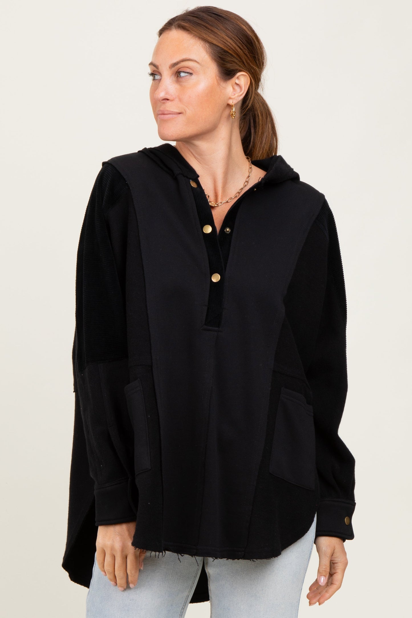 Black Corduroy Contrast Oversized Hoodie