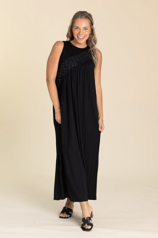 Black Knit Maxi Dress With Stones