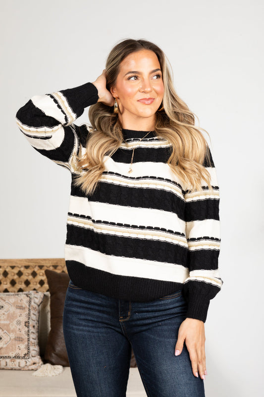 Black Lurex Accent Cable Knit Sweater