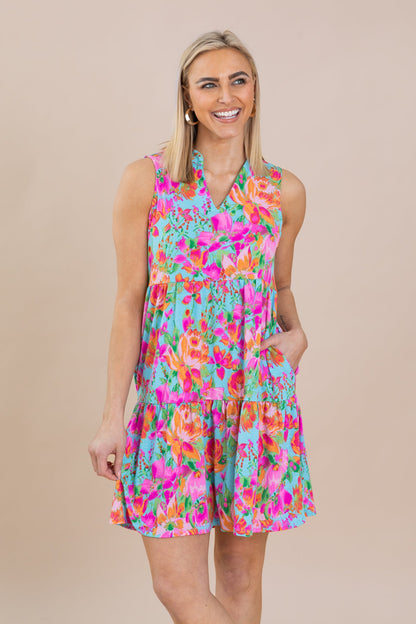 Aqua Floral Tiered Wrinkle Free Dress