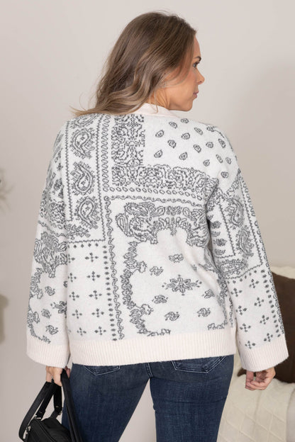 Beige Vintage Print Soft Knit Cardigan