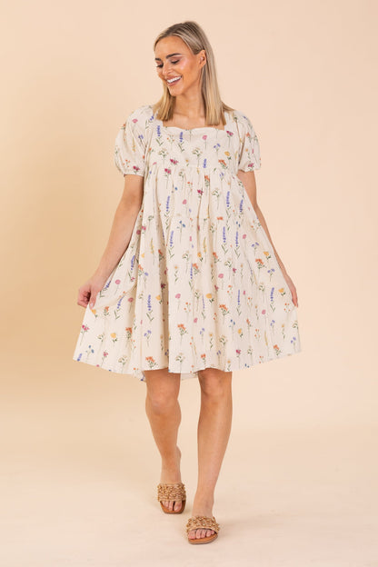 Beige Floral Print Dress With Flutter Sleeve
