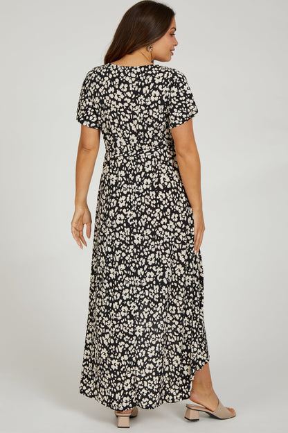 Black Animal Print Wrap Front V-Neck Hi-Low Maternity Midi Dress