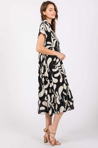 Black Abstract Print Collared Dress